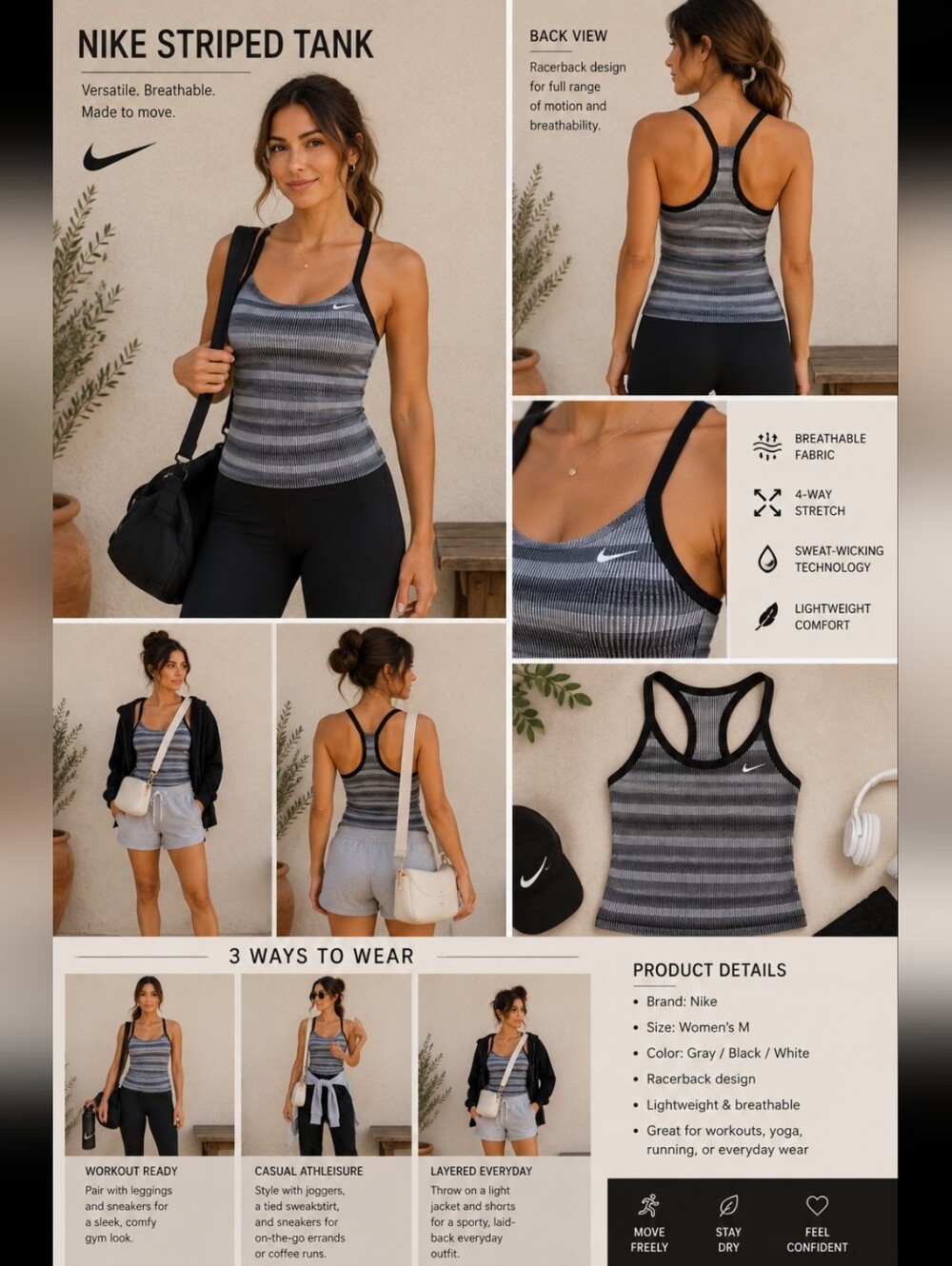 Nike ~ Women’s Striped Activewear Tank Top ~ Black & White ~ Medium - Picture 9 of 10